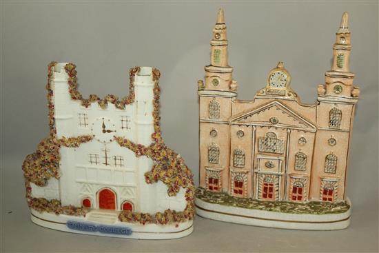 Three Staffordshire porcelaneous models of Trinity College, Dublin and another of a Wren style building, 17 - 26cm